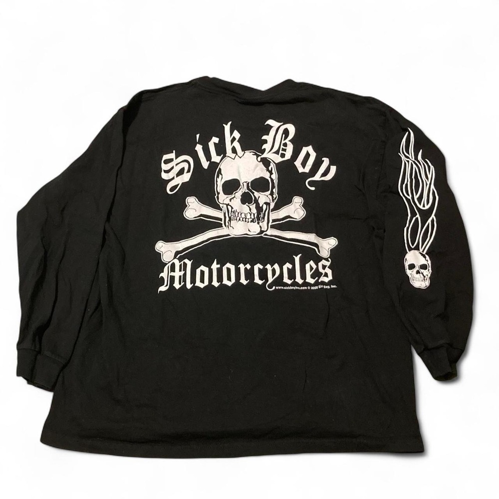 Sick boy motorcycles 2000 Skull and bones flame sleeve tee y2k grunge XL/23.5